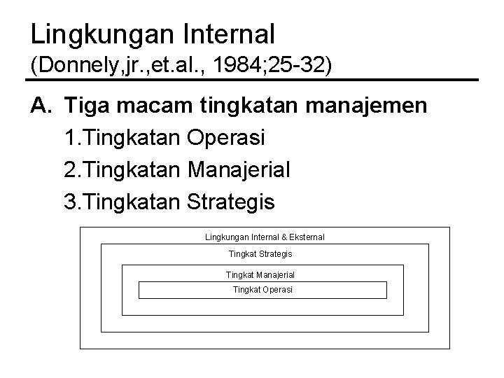 Lingkungan Internal (Donnely, jr. , et. al. , 1984; 25 -32) A. Tiga macam