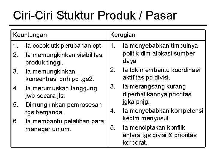 Ciri-Ciri Stuktur Produk / Pasar Keuntungan Kerugian 1. 2. 1. 3. 4. 5. 6.