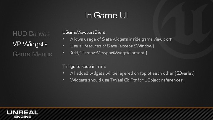 In-Game UI HUD Canvas VP Widgets Game Menus UGame. Viewport. Client • Allows usage