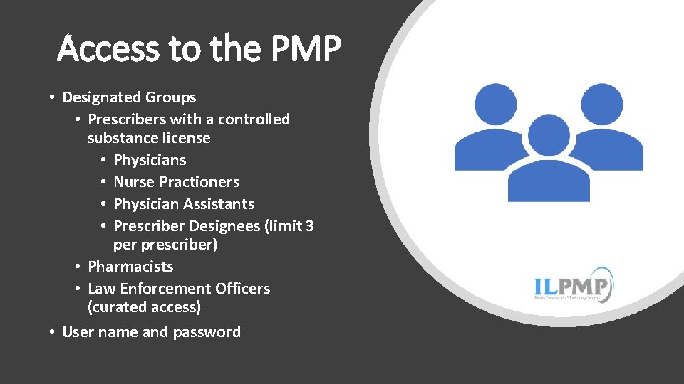 Access to the PMP • Designated Groups • Prescribers with a controlled substance license