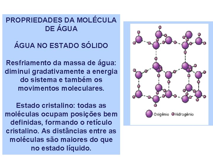 PROPRIEDADES DA MOLÉCULA DE ÁGUA NO ESTADO SÓLIDO Resfriamento da massa de água: diminui