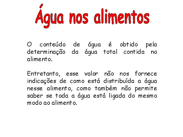 O conteúdo determinação alimento. de água é obtido pela da água total contida no