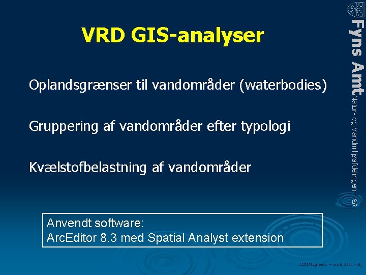 Oplandsgrænser til vandområder (waterbodies) Gruppering af vandområder efter typologi Kvælstofbelastning af vandområder Fyns Amt