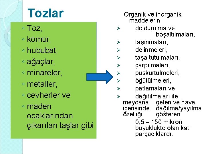 Tozlar ◦ Toz, ◦ kömür, ◦ hububat, ◦ ağaçlar, ◦ minareler, ◦ metaller, ◦ Tozlar ◦ Toz, ◦ kömür, ◦ hububat, ◦ ağaçlar, ◦ minareler, ◦ metaller, ◦