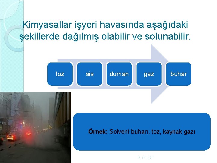 Kimyasallar işyeri havasında aşağıdaki şekillerde dağılmış olabilir ve solunabilir. toz sis duman gaz buhar Kimyasallar işyeri havasında aşağıdaki şekillerde dağılmış olabilir ve solunabilir. toz sis duman gaz buhar