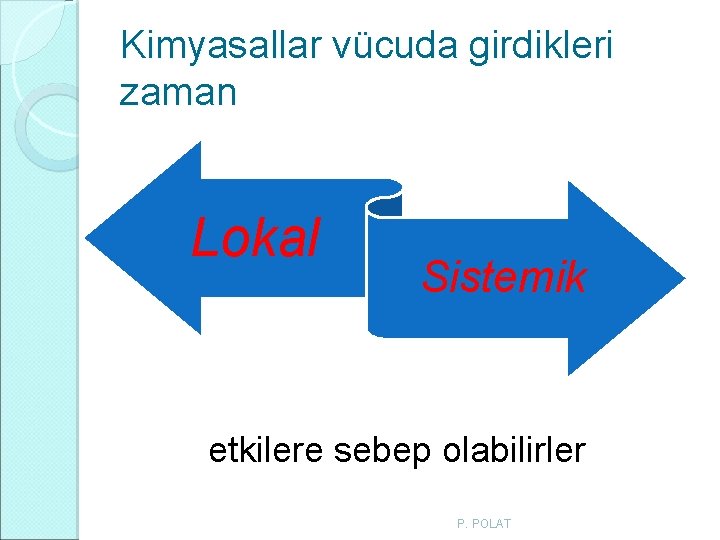 Kimyasallar vücuda girdikleri zaman Lokal Sistemik etkilere sebep olabilirler P. POLAT Kimyasallar vücuda girdikleri zaman Lokal Sistemik etkilere sebep olabilirler P. POLAT