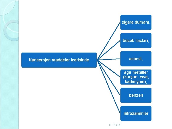 sigara dumanı, böcek ilaçları, asbest, Kanserojen maddeler içerisinde ağır metaller (kurşun, cıva, kadmiyum), benzen sigara dumanı, böcek ilaçları, asbest, Kanserojen maddeler içerisinde ağır metaller (kurşun, cıva, kadmiyum), benzen