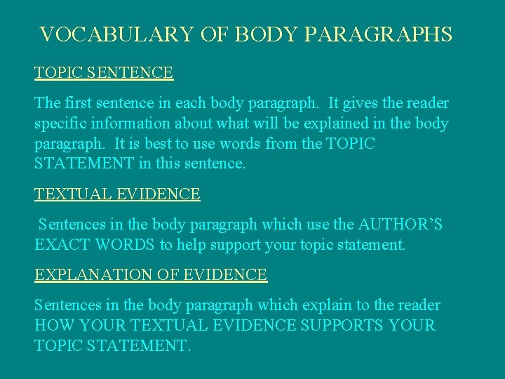 VOCABULARY OF BODY PARAGRAPHS TOPIC SENTENCE The first sentence in each body paragraph. It