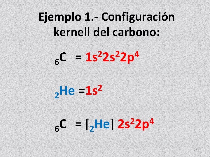 Ejemplo 1. - Configuración kernell del carbono: = 1 s 22 p 4 C