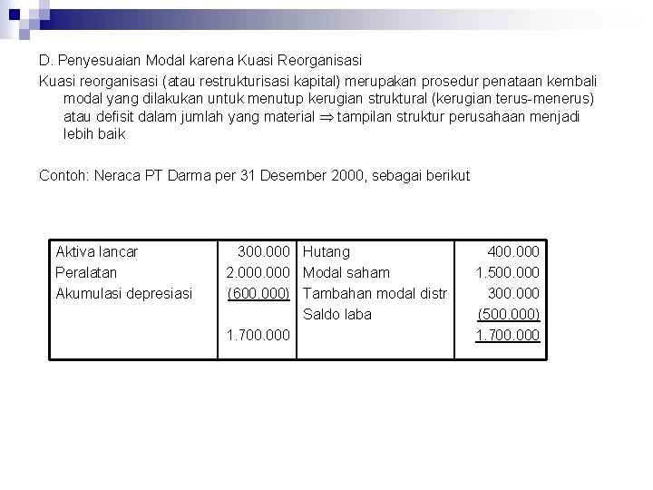 D. Penyesuaian Modal karena Kuasi Reorganisasi Kuasi reorganisasi (atau restrukturisasi kapital) merupakan prosedur penataan