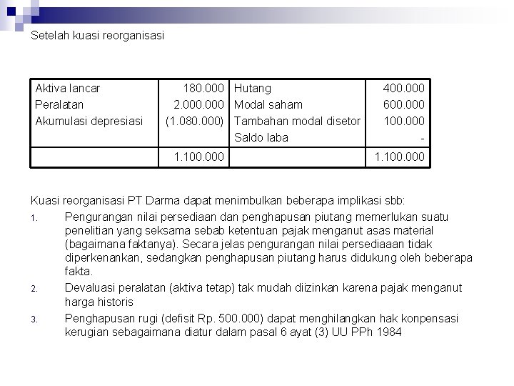 Setelah kuasi reorganisasi Aktiva lancar Peralatan Akumulasi depresiasi 180. 000 Hutang 2. 000 Modal