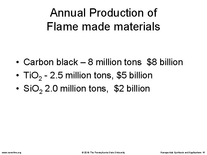 Annual Production of Flame made materials • Carbon black – 8 million tons $8