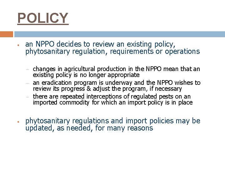 POLICY • an NPPO decides to review an existing policy, phytosanitary regulation, requirements or