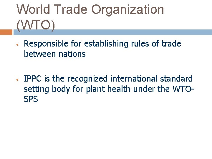 World Trade Organization (WTO) • • Responsible for establishing rules of trade between nations