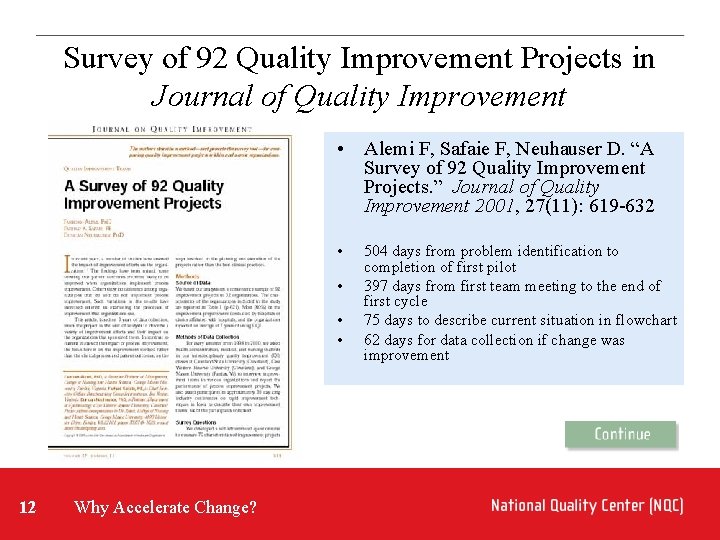 Survey of 92 Quality Improvement Projects in Journal of Quality Improvement • Alemi F,