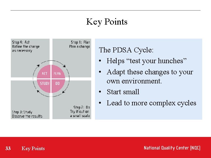 Key Points The PDSA Cycle: • Helps “test your hunches” • Adapt these changes