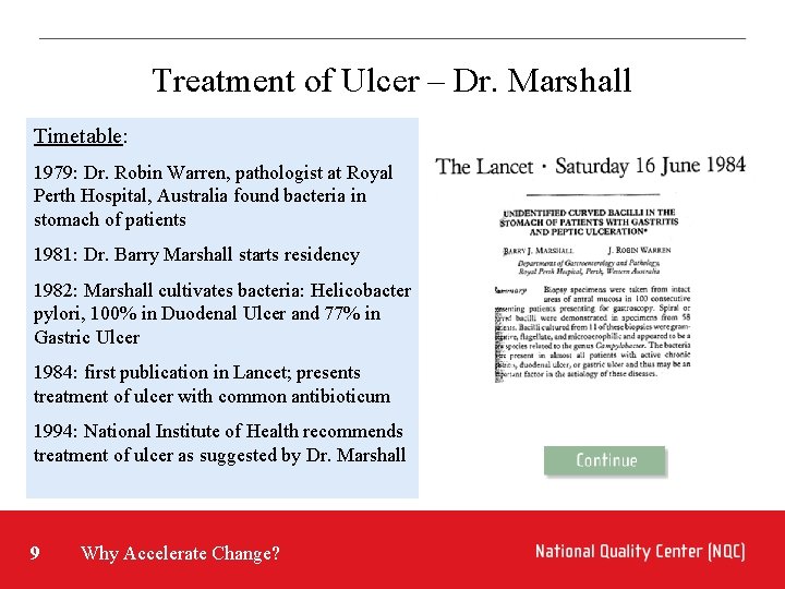 Treatment of Ulcer – Dr. Marshall Timetable: 1979: Dr. Robin Warren, pathologist at Royal