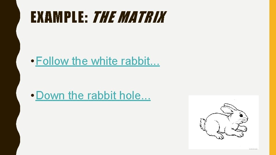 EXAMPLE: THE MATRIX • Follow the white rabbit. . . • Down the rabbit