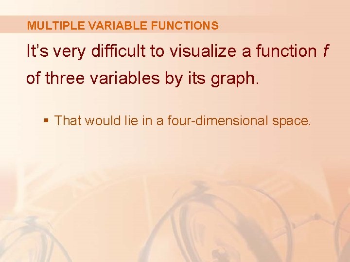 MULTIPLE VARIABLE FUNCTIONS It’s very difficult to visualize a function f of three variables