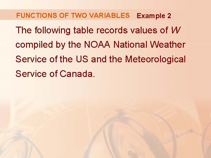 FUNCTIONS OF TWO VARIABLES Example 2 The following table records values of W compiled