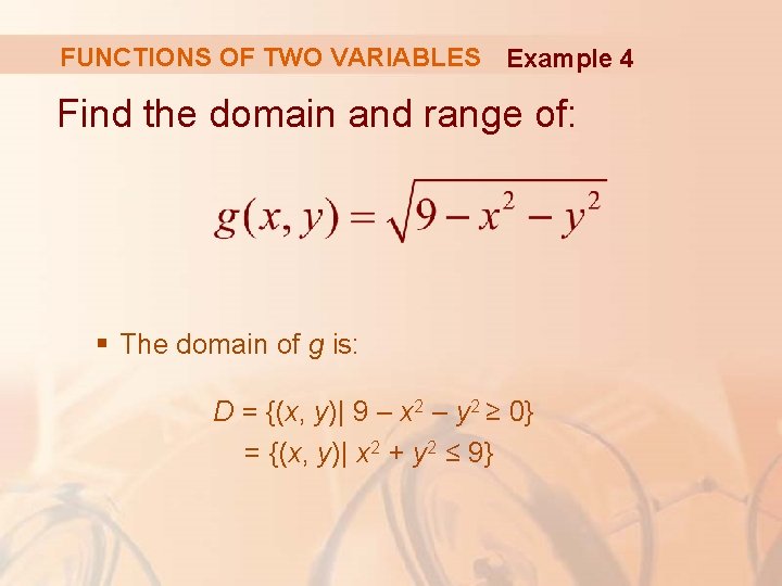 FUNCTIONS OF TWO VARIABLES Example 4 Find the domain and range of: § The