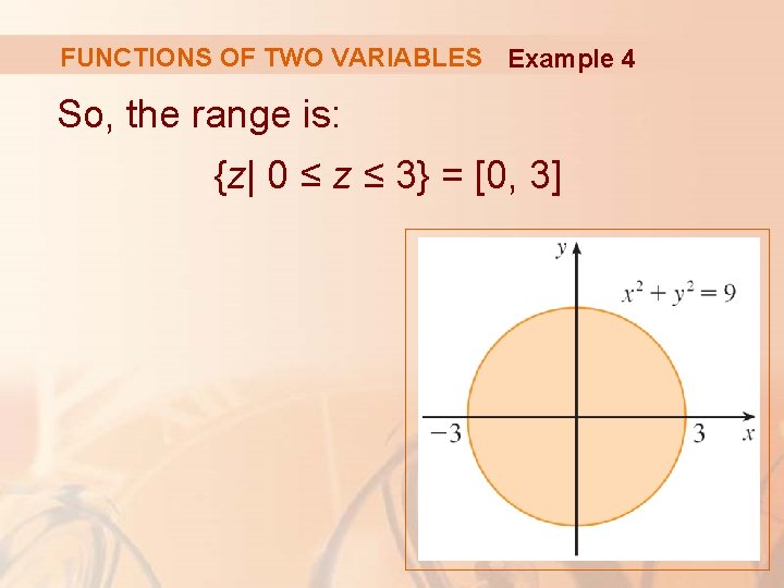 FUNCTIONS OF TWO VARIABLES Example 4 So, the range is: {z| 0 ≤ z