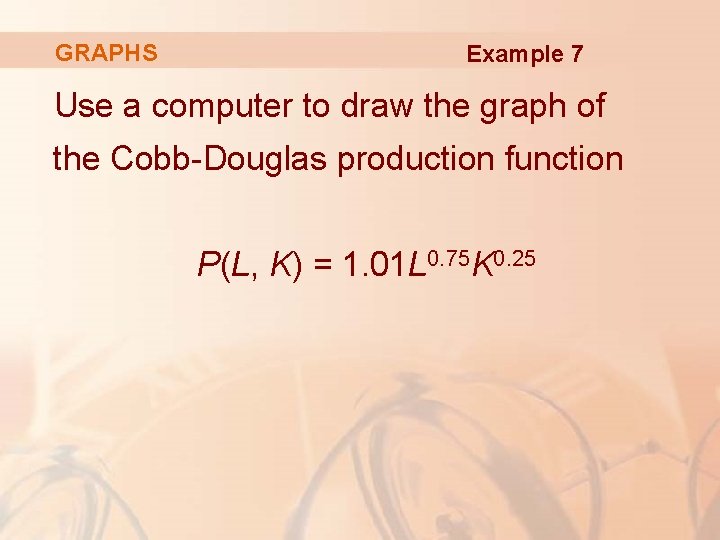 GRAPHS Example 7 Use a computer to draw the graph of the Cobb-Douglas production