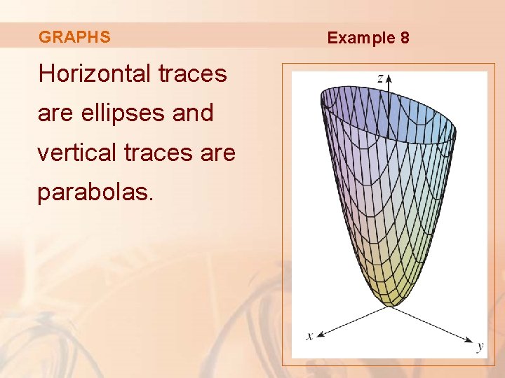 GRAPHS Horizontal traces are ellipses and vertical traces are parabolas. Example 8 