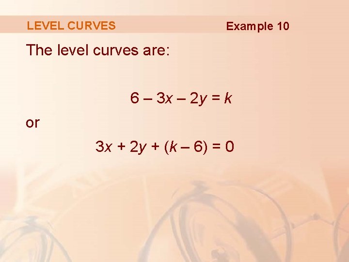 LEVEL CURVES Example 10 The level curves are: 6 – 3 x – 2