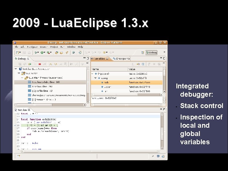 2009 - Lua. Eclipse 1. 3. x Integrated debugger: Stack control Inspection of local