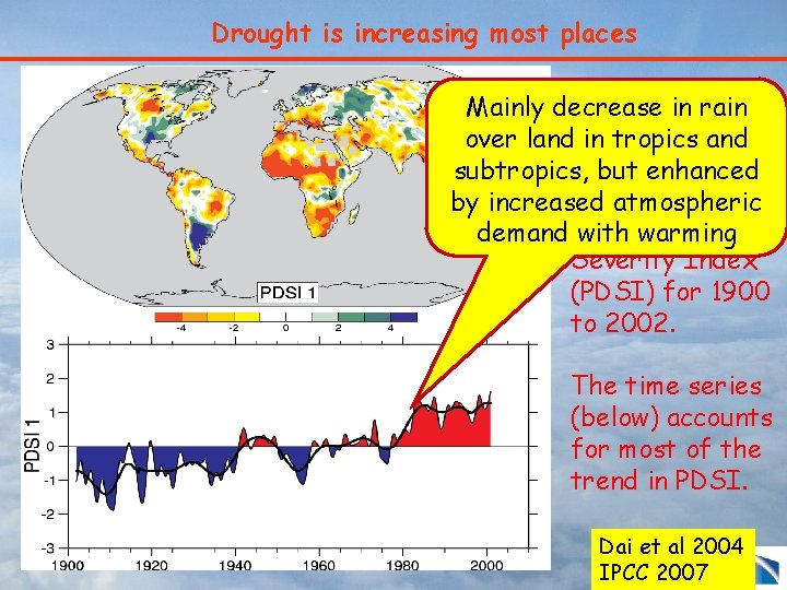 Drought is increasing most places The most Mainly decrease in rain over landimportant in