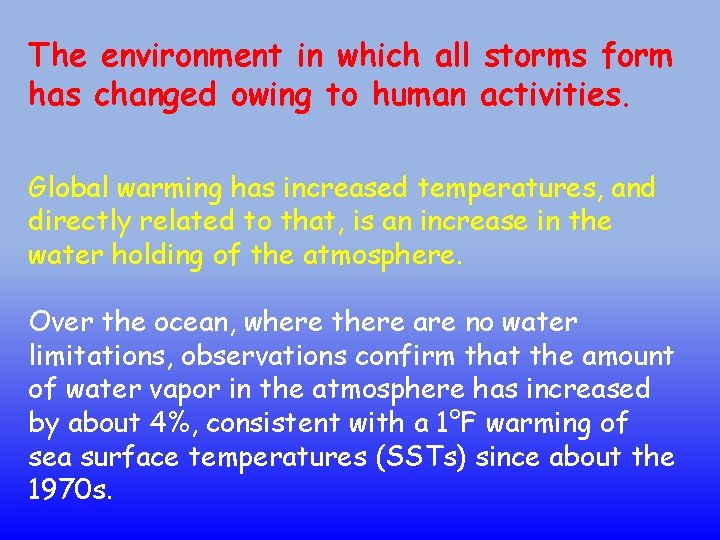 The environment in which all storms form has changed owing to human activities. Global