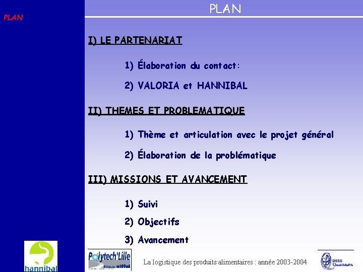 PLAN I) LE PARTENARIAT 1) Élaboration du contact: 2) VALORIA et HANNIBAL II) THEMES