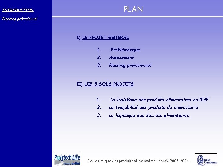 PLAN INTRODUCTION Planning prévisionnel I) LE PROJET GENERAL 1. Problématique 2. Avancement 3. Planning