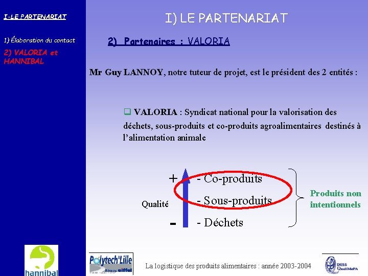 I-LE PARTENARIAT 1) Élaboration du contact I) LE PARTENARIAT 2) Partenaires : VALORIA 2)