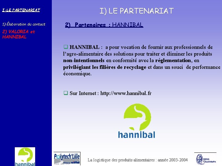 I-LE PARTENARIAT 1) Élaboration du contact I) LE PARTENARIAT 2) Partenaires : HANNIBAL 2)