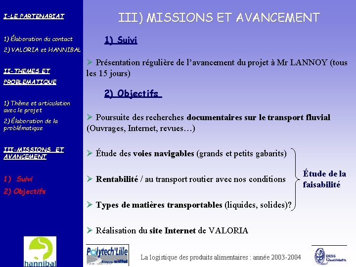 I-LE PARTENARIAT 1) Élaboration du contact 2) VALORIA et HANNIBAL II-THEMES ET PROBLEMATIQUE 1)