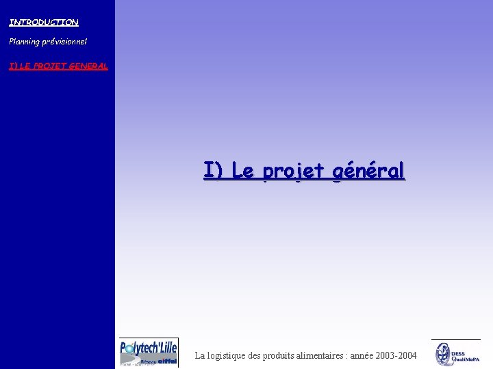 INTRODUCTION Planning prévisionnel I) LE PROJET GENERAL I) Le projet général La logistique des