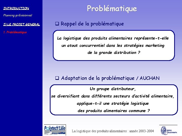 INTRODUCTION Planning prévisionnel I) LE PROJET GENERAL Problématique q Rappel de la problématique 1.