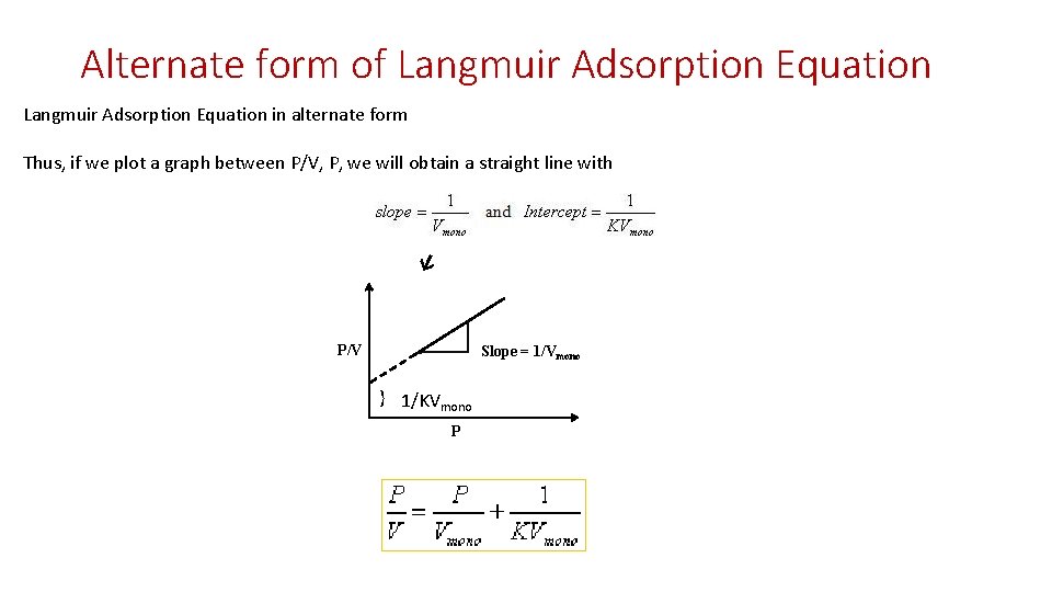 Alternate form of Langmuir Adsorption Equation in alternate form Thus, if we plot a