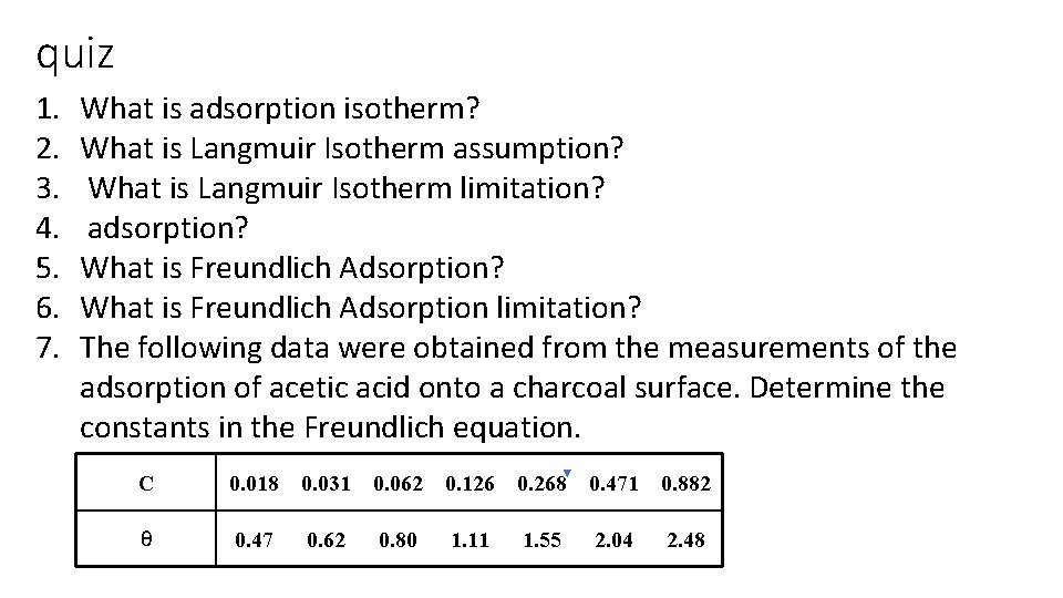 quiz 1. 2. 3. 4. 5. 6. 7. What is adsorption isotherm? What is