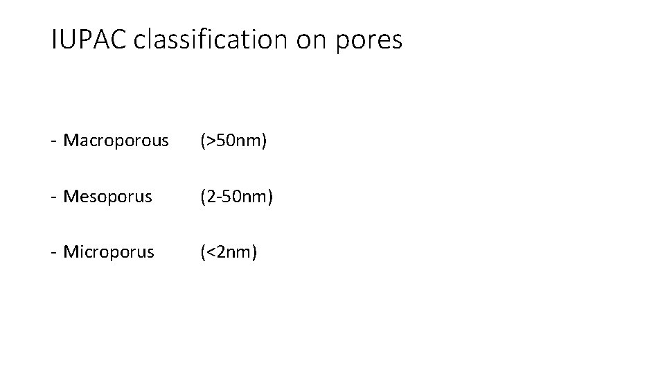 IUPAC classification on pores - Macroporous (>50 nm) - Mesoporus (2 -50 nm) -