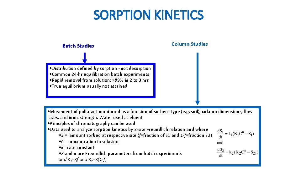 SORPTION KINETICS Batch Studies Column Studies • Distribution defined by sorption - not desorption