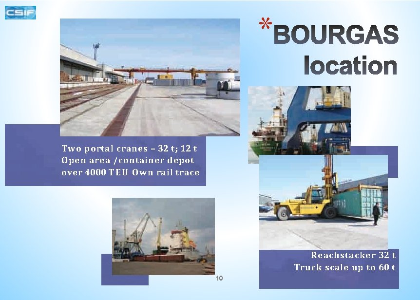 * Two portal cranes – 32 t; 12 t Open area / container depot