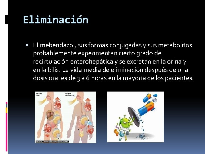 Eliminación El mebendazol, sus formas conjugadas y sus metabolitos probablemente experimentan cierto grado de