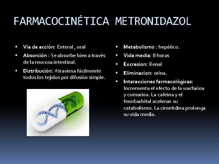 FARMACOCINÉTICA METRONIDAZOL Vía de acción: Enteral , oral Metabolismo : hepático. Absorción : Se
