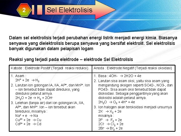 2 Sel Elektrolisis Dalam sel elektrolisis terjadi perubahan energi listrik menjadi energi kimia. Biasanya