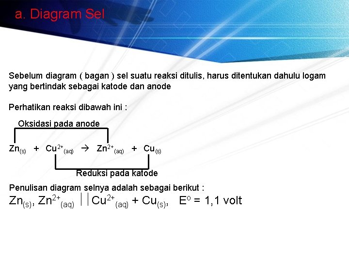 a. Diagram Sel Sebelum diagram ( bagan ) sel suatu reaksi ditulis, harus ditentukan