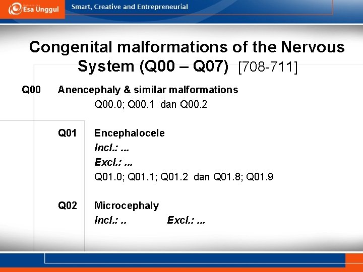Congenital malformations of the Nervous System (Q 00 – Q 07) [708 -711] Q