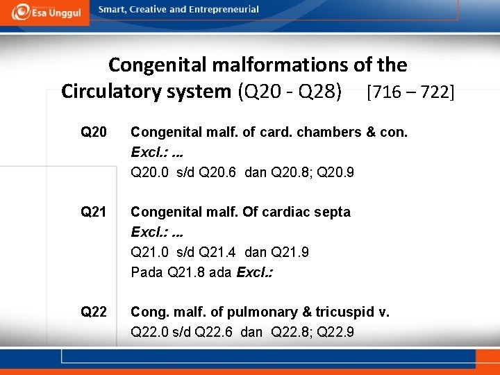Congenital malformations of the Circulatory system (Q 20 - Q 28) [716 – 722]